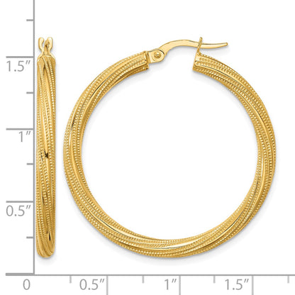 10K Yellow Gold Polished And Textured Twisted Tube Hoop Earrings