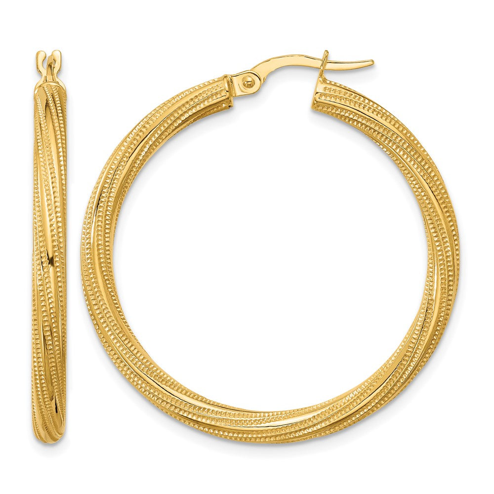 10K Yellow Gold Polished And Textured Twisted Tube Hoop Earrings