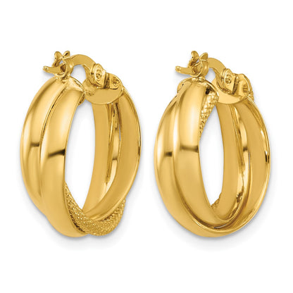 10K Yellow Gold Polished And Textured Round Hoop Earrings