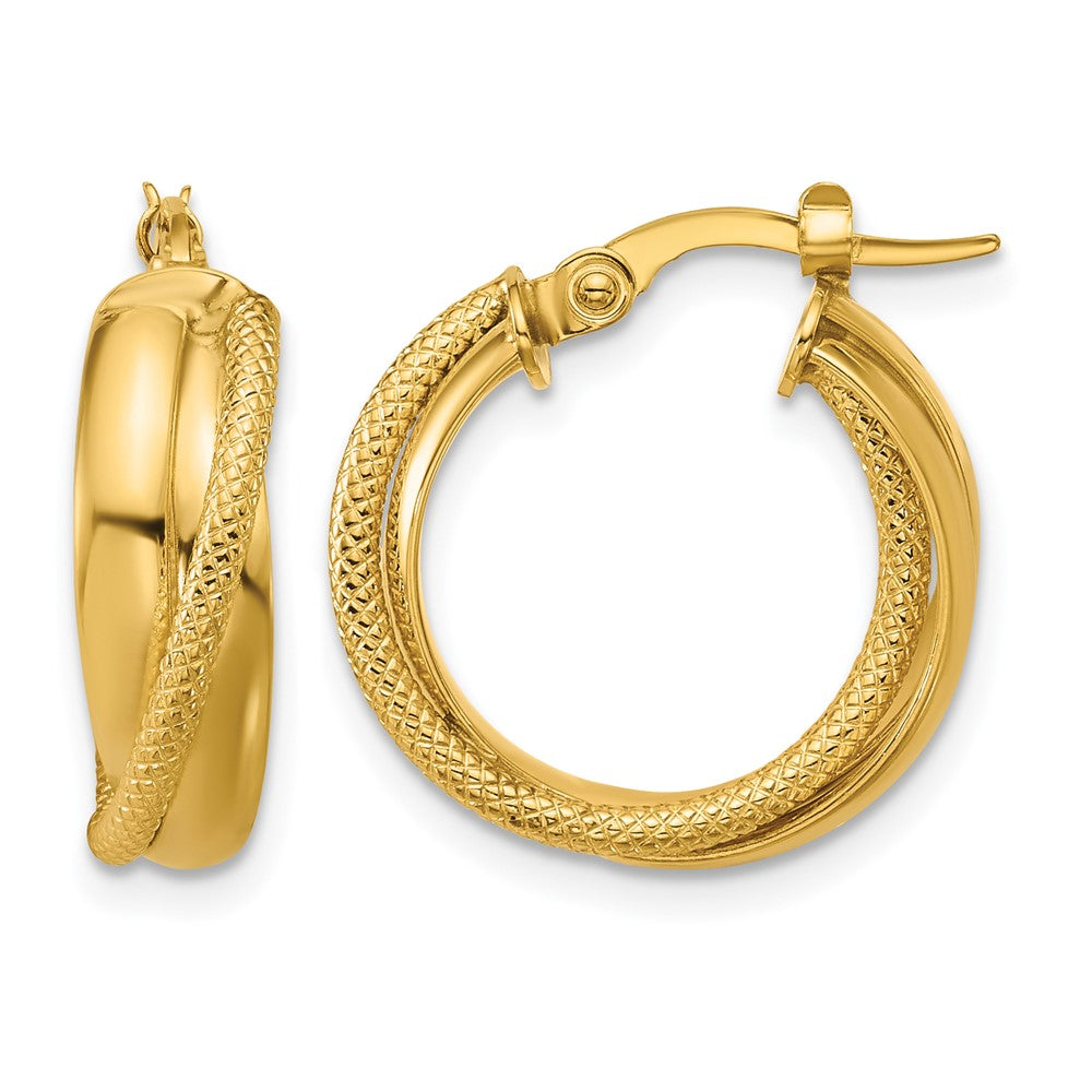10K Yellow Gold Polished And Textured Round Hoop Earrings