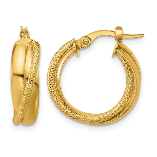 10K Yellow Gold Polished And Textured Round Hoop Earrings