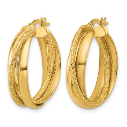 10K Yellow Gold Polished And Textured Round Hoop Earrings