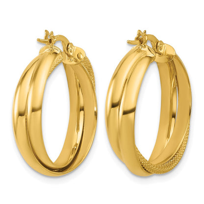 10K Yellow Gold Polished And Textured Round Hoop Earrings