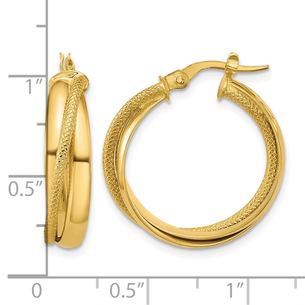 10K Yellow Gold Polished And Textured Round Hoop Earrings