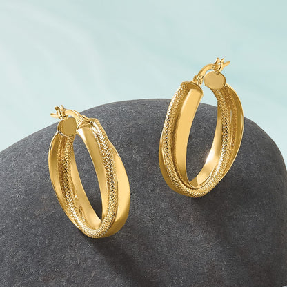10K Yellow Gold Polished And Textured Round Hoop Earrings