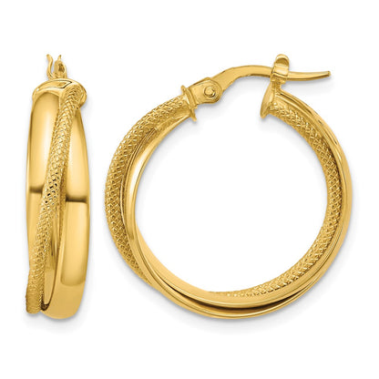 10K Yellow Gold Polished And Textured Round Hoop Earrings