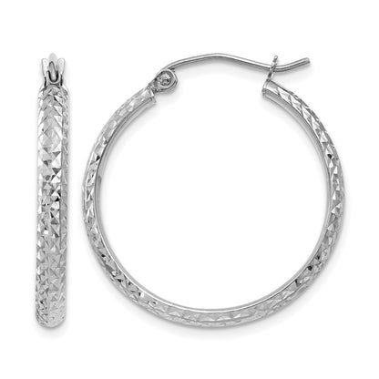 10K White Gold D/C 2.8X25mm Hollow Hoop Earrings