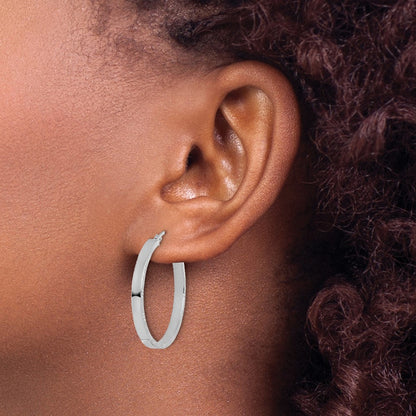 10K White Gold D/C Edge Large 3mm Polished Hoop Earrings