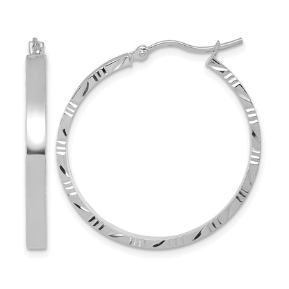 10K White Gold D/C Edge Large 3mm Polished Hoop Earrings