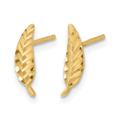 10K Yellow Gold Polished And Diamond Cut Leaf Post Earrings
