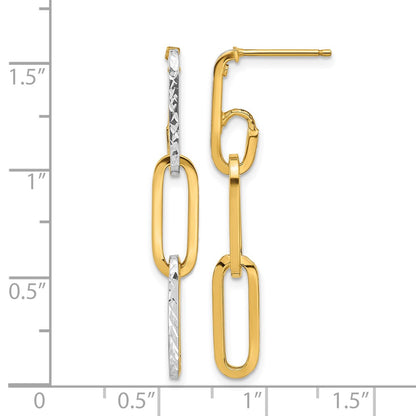 10K Yellow Rhodium W/ White Rhod Polished/Dia Cut Link Dangle Earrings
