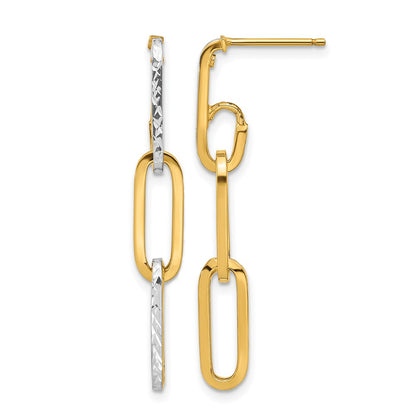 10K Yellow Rhodium W/ White Rhod Polished/Dia Cut Link Dangle Earrings