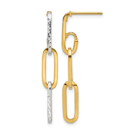 10K Yellow Rhodium W/ White Rhod Polished/Dia Cut Link Dangle Earrings
