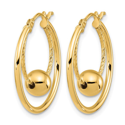 10K Yellow Gold Polished Textured W/ 6mm Ball Hoop Earrings
