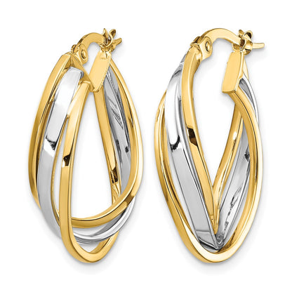 10K Yellow Rhodium W/ White Polished Oval Hoop Earrings