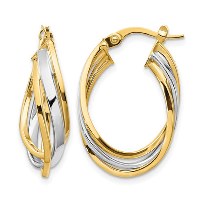 10K Yellow Rhodium W/ White Polished Oval Hoop Earrings