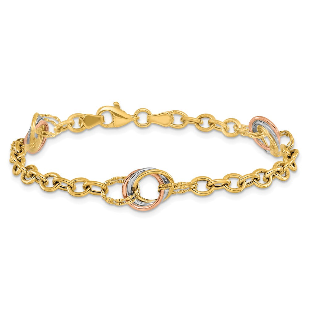 7.25 Inch 10K Tri-Color Polished And Textured Fancy Link Bracelet