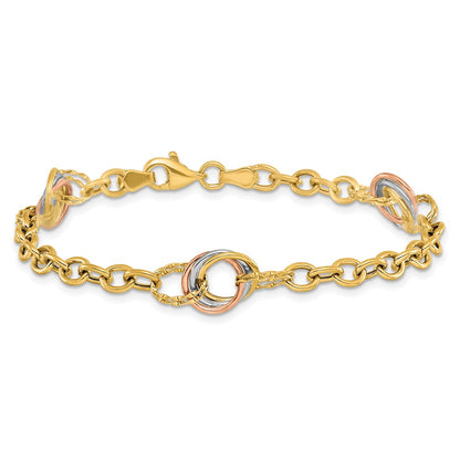 7.25 Inch 10K Tri-Color Polished And Textured Fancy Link Bracelet