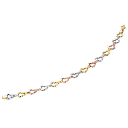 7.5 Inch 10K Tri-Color Heart Bracelet