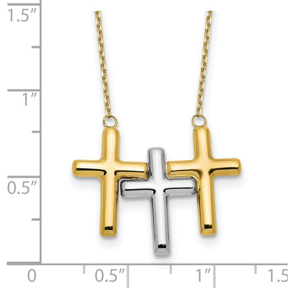 10K Two Tone Polished 3 Cross Necklace