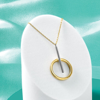 10K Yellow Rhodium White Polished Bar Circle Pendant Necklace