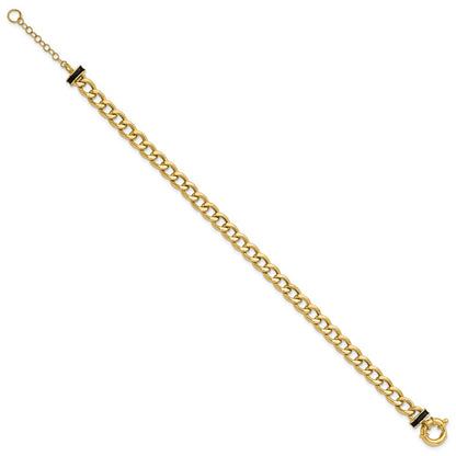 10K Yellow Gold Polished With Black Enamel Flat Oval Link 1In Ext. Bracelet