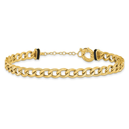 10K Yellow Gold Polished With Black Enamel Flat Oval Link 1In Ext. Bracelet
