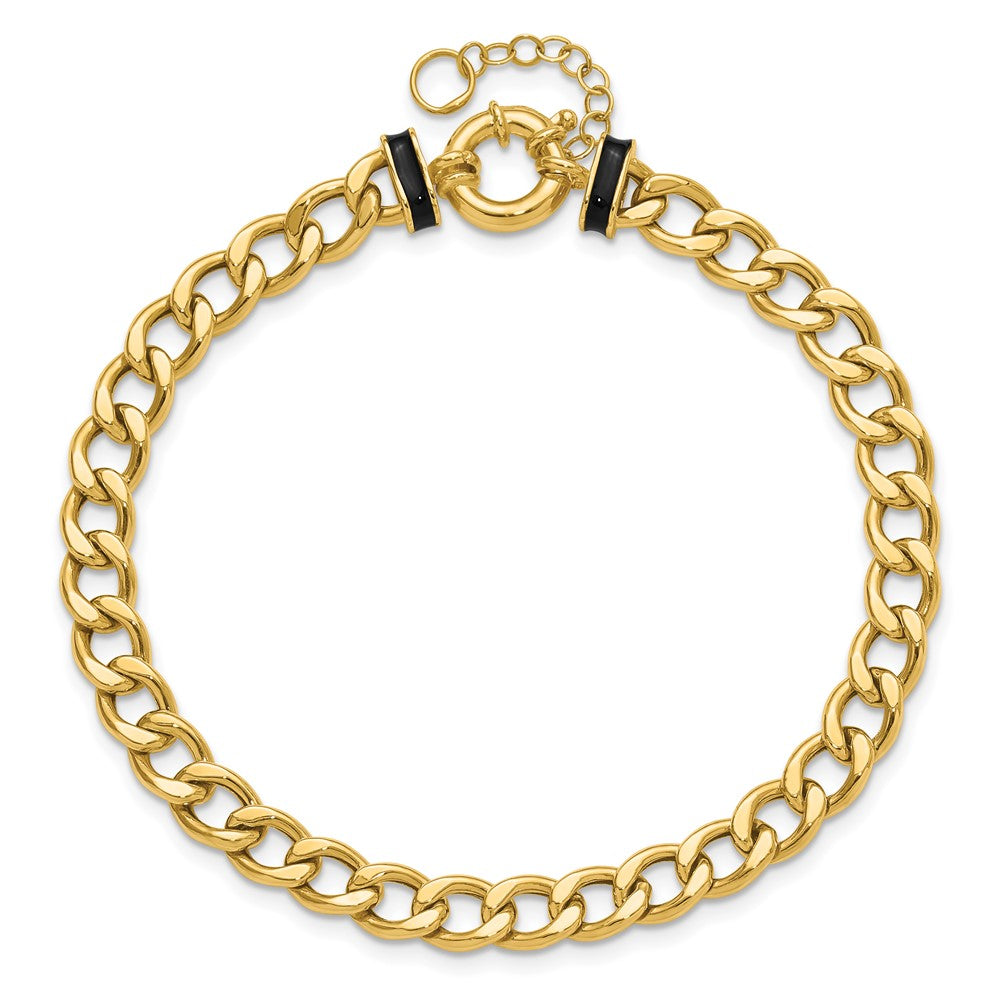 10K Yellow Gold Polished With Black Enamel Flat Oval Link 1In Ext. Bracelet