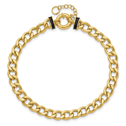 10K Yellow Gold Polished With Black Enamel Flat Oval Link 1In Ext. Bracelet