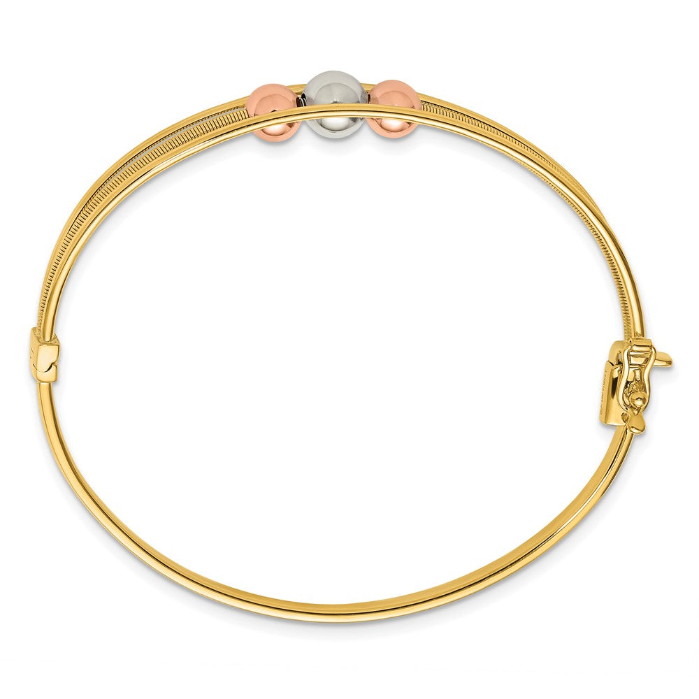 10K Tri Color Polished Beads Hinged Bangle