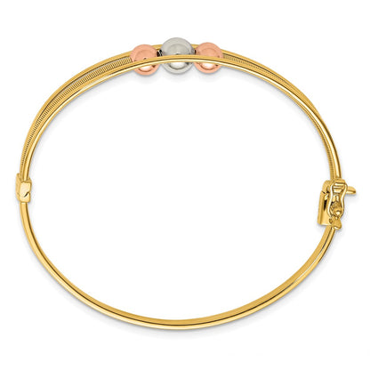 10K Tri Color Polished Beads Hinged Bangle