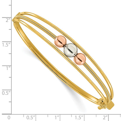 10K Tri Color Polished Beads Hinged Bangle