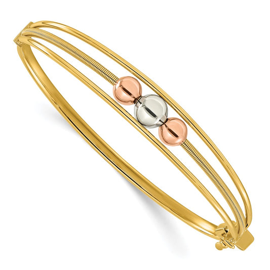 10K Tri Color Polished Beads Hinged Bangle
