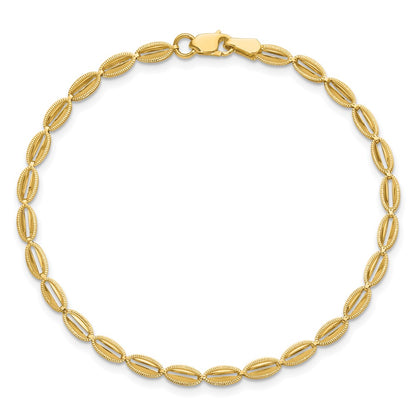10K Yellow Gold Polished And Textured Fancy Oval Link Bracelet