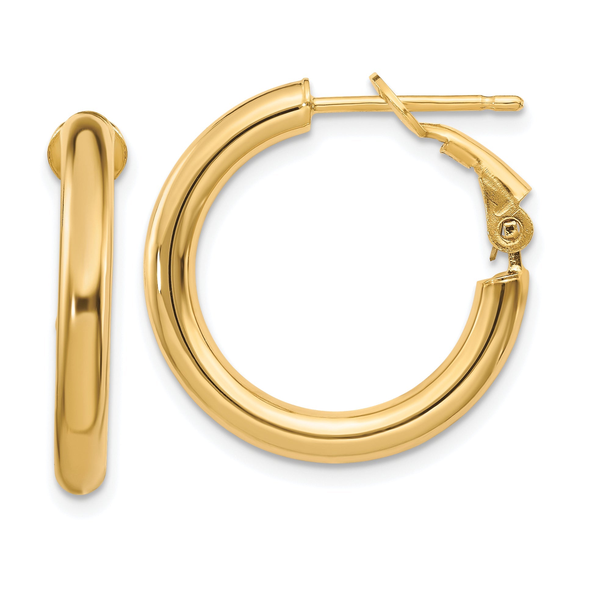 10K Yellow Gold 3X15mm Polished Round Omega Back Hoop Earrings