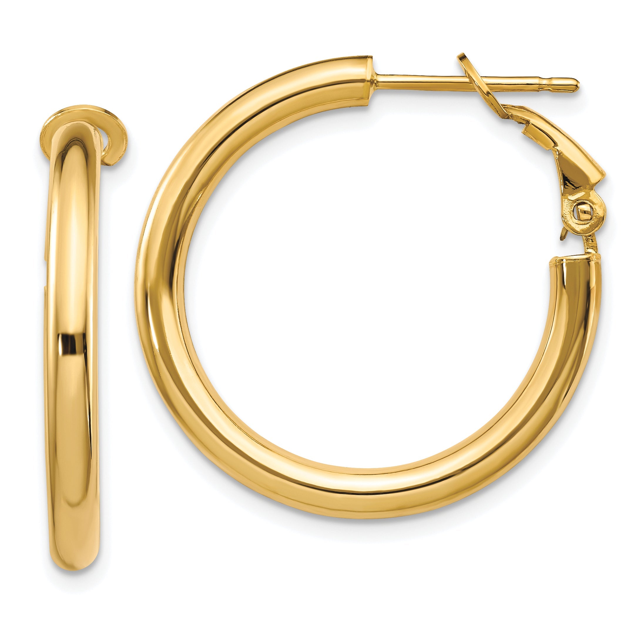 10K Yellow Gold 3X20mm Polished Round Omega Back Hoop Earrings