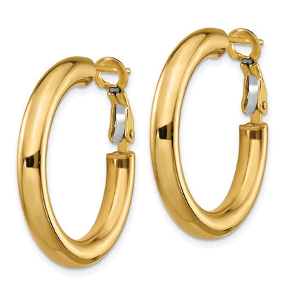 10K Yellow Gold 4X20mm Polished Round Omega Back Hoop Earrings