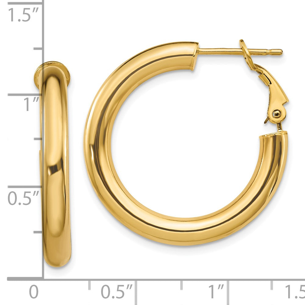 10K Yellow Gold 4X20mm Polished Round Omega Back Hoop Earrings