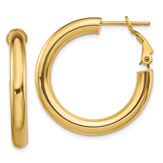 10K Yellow Gold 4X20mm Polished Round Omega Back Hoop Earrings
