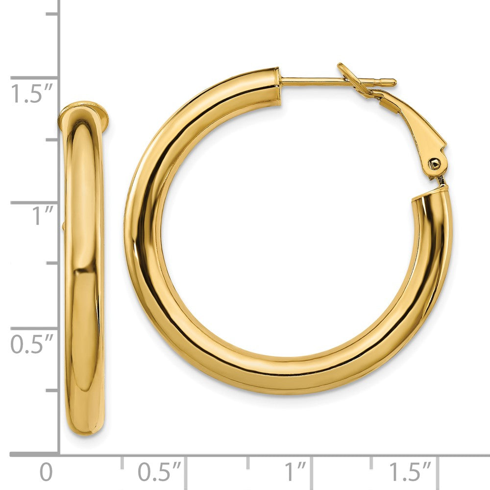 10K Yellow Gold 4X25mm Polished Round Omega Back Hoop Earrings
