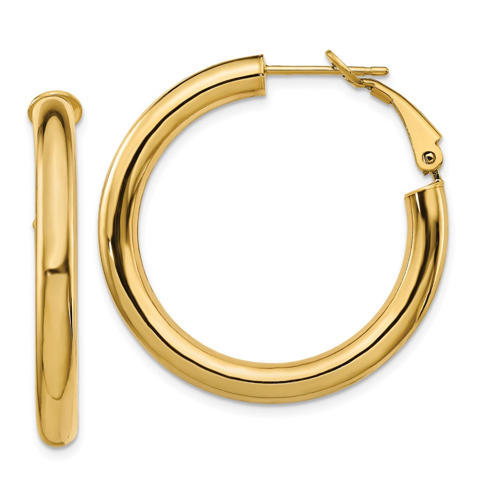 10K Yellow Gold 4X25mm Polished Round Omega Back Hoop Earrings