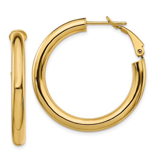 10K Yellow Gold 4X25mm Polished Round Omega Back Hoop Earrings