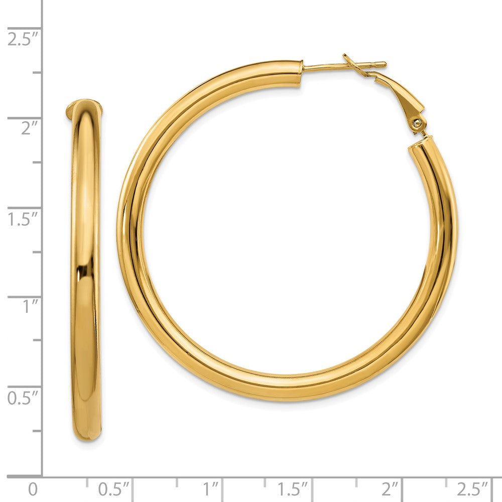 10K Yellow Gold 4X50mm Polished Round Omega Back Hoop Earrings