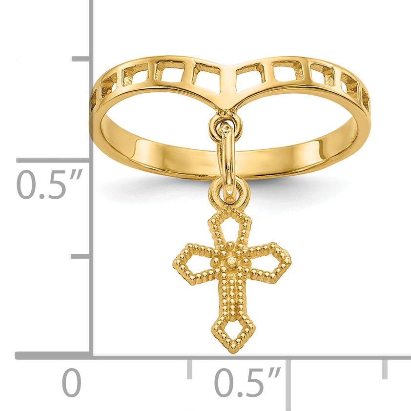 10K Yellow Gold Polished Cross Dangle Charm Ring