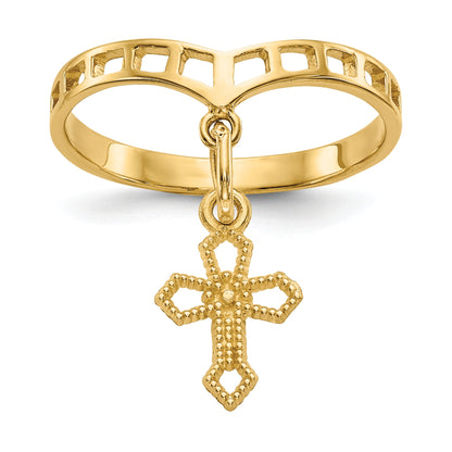 10K Yellow Gold Polished Cross Dangle Charm Ring