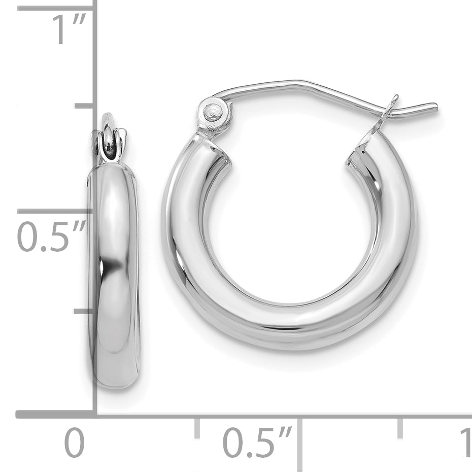 10K White Gold Polished 3mm Lightweight Tube Hoop Earrings