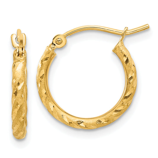 10K Yellow Gold Polished And Satin D/C 2.00mm Hoop Earrings