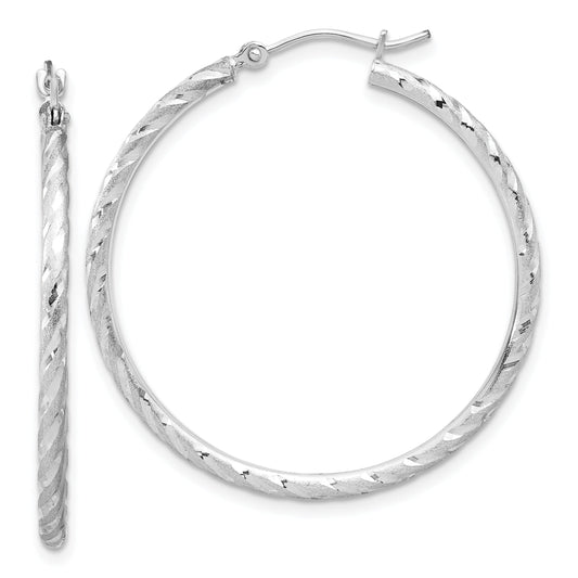 10K White Gold Polished And Satin D/C 2.00mm Hoop Earrings