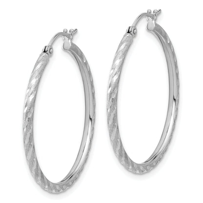 10K White Gold Polished And Satin D/C 2.00mm Hoop Earrings