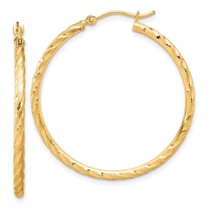 10K Yellow Gold Polished And Satin D/C 2.00mm Hoop Earrings